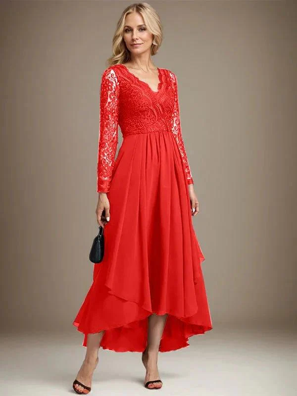 A-line V-Neck Asymmetrical Lace Chiffon Mother of the Bride Dress - Image 41