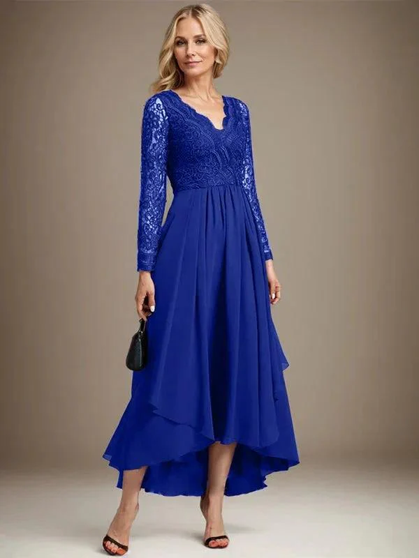 A-line V-Neck Asymmetrical Lace Chiffon Mother of the Bride Dress - Image 42