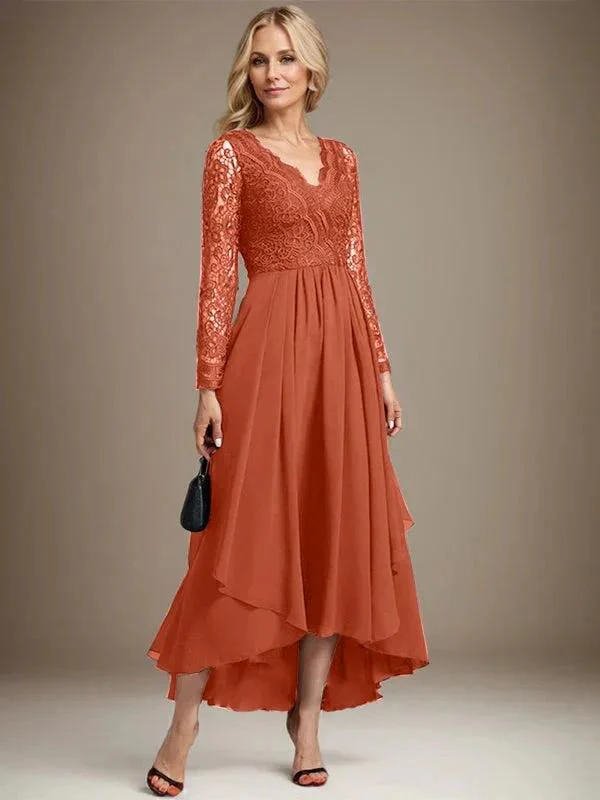 A-line V-Neck Asymmetrical Lace Chiffon Mother of the Bride Dress - Image 43