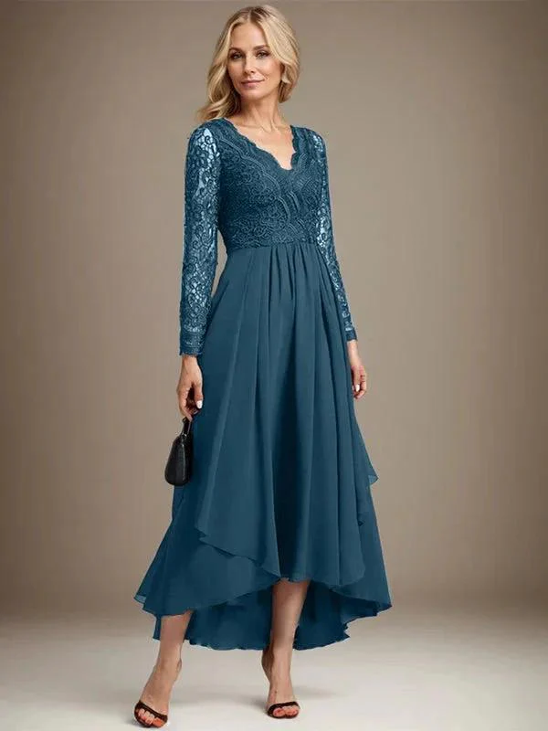 A-line V-Neck Asymmetrical Lace Chiffon Mother of the Bride Dress - Image 44