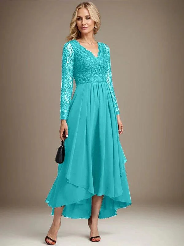 A-line V-Neck Asymmetrical Lace Chiffon Mother of the Bride Dress - Image 45