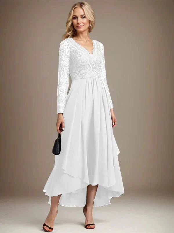 A-line V-Neck Asymmetrical Lace Chiffon Mother of the Bride Dress - Image 46