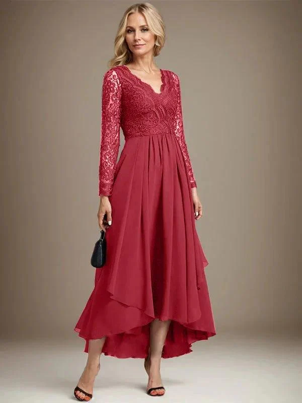 A-line V-Neck Asymmetrical Lace Chiffon Mother of the Bride Dress - Image 47