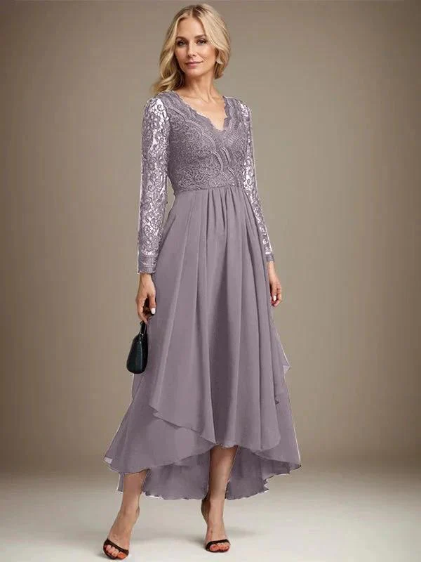 A-line V-Neck Asymmetrical Lace Chiffon Mother of the Bride Dress - Image 48