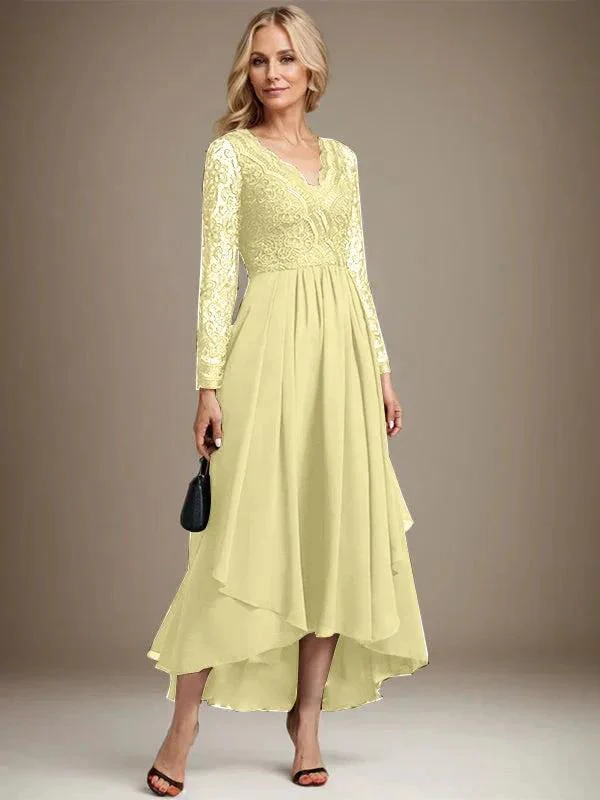A-line V-Neck Asymmetrical Lace Chiffon Mother of the Bride Dress - Image 49