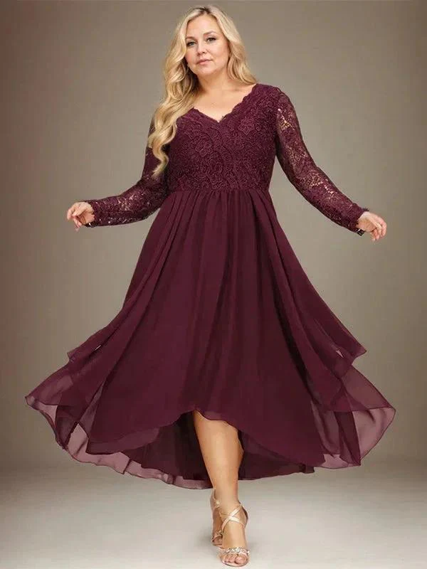 A-line V-Neck Asymmetrical Lace Chiffon Mother of the Bride Dress - Image 5