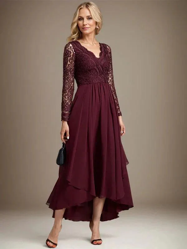 A-line V-Neck Asymmetrical Lace Chiffon Mother of the Bride Dress - Image 6