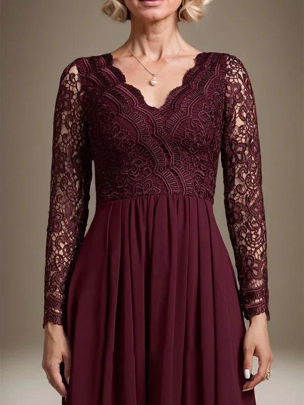 A-line V-Neck Asymmetrical Lace Chiffon Mother of the Bride Dress - Image 7