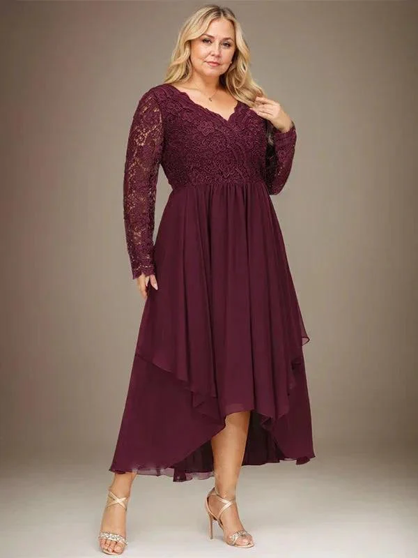 A-line V-Neck Asymmetrical Lace Chiffon Mother of the Bride Dress - Image 8