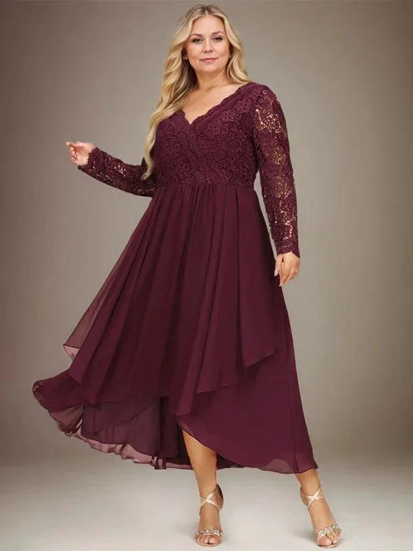 A-line V-Neck Asymmetrical Lace Chiffon Mother of the Bride Dress - Image 9