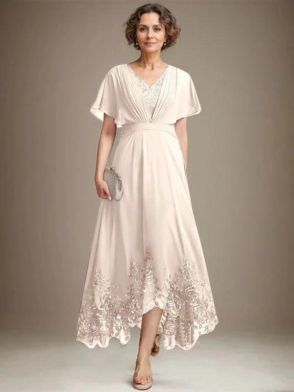 A-line V-Neck Asymmetrical Lace Chiffon Mother of the Bride Dress With Pleated - Image 10