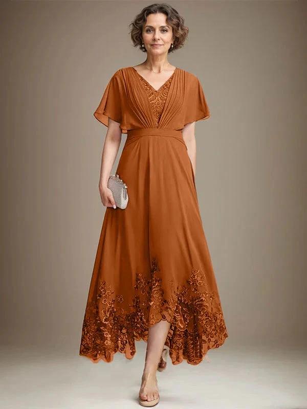 A-line V-Neck Asymmetrical Lace Chiffon Mother of the Bride Dress With Pleated - Image 11