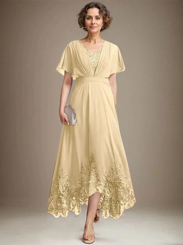 A-line V-Neck Asymmetrical Lace Chiffon Mother of the Bride Dress With Pleated - Image 12