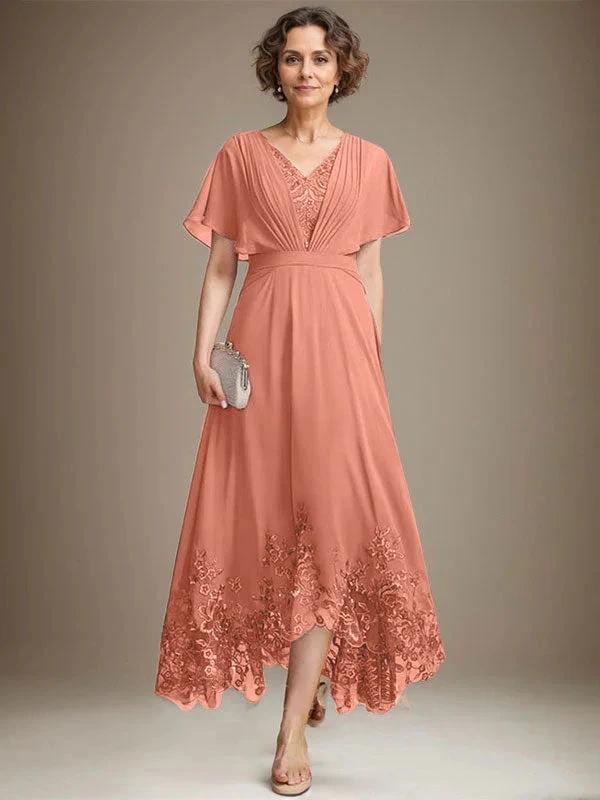 A-line V-Neck Asymmetrical Lace Chiffon Mother of the Bride Dress With Pleated - Image 13