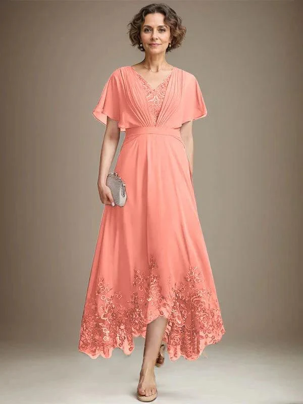 A-line V-Neck Asymmetrical Lace Chiffon Mother of the Bride Dress With Pleated - Image 14