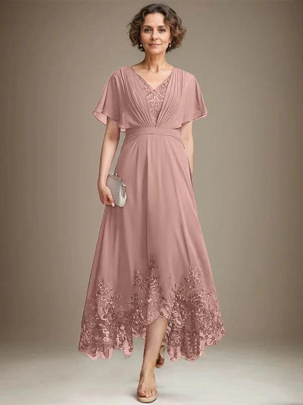 A-line V-Neck Asymmetrical Lace Chiffon Mother of the Bride Dress With Pleated - Image 15