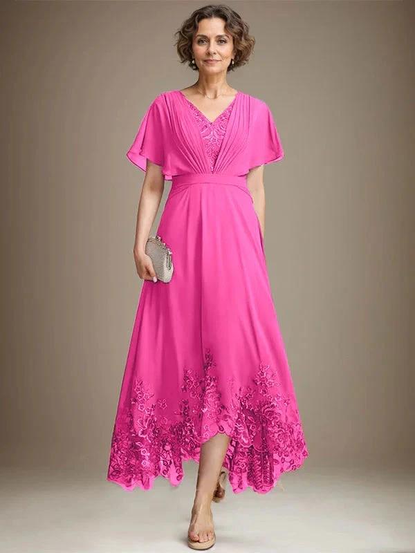 A-line V-Neck Asymmetrical Lace Chiffon Mother of the Bride Dress With Pleated - Image 16