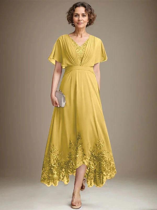 A-line V-Neck Asymmetrical Lace Chiffon Mother of the Bride Dress With Pleated - Image 17