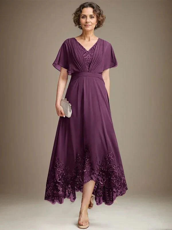 A-line V-Neck Asymmetrical Lace Chiffon Mother of the Bride Dress With Pleated - Image 18