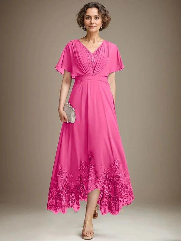A-line V-Neck Asymmetrical Lace Chiffon Mother of the Bride Dress With Pleated - Image 19