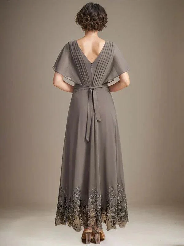 A-line V-Neck Asymmetrical Lace Chiffon Mother of the Bride Dress With Pleated - Image 2