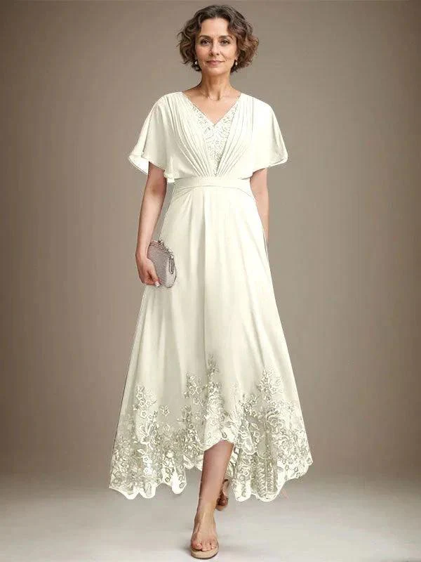 A-line V-Neck Asymmetrical Lace Chiffon Mother of the Bride Dress With Pleated - Image 20