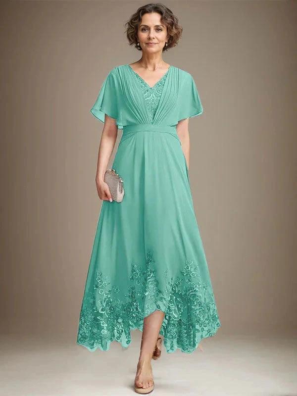 A-line V-Neck Asymmetrical Lace Chiffon Mother of the Bride Dress With Pleated - Image 21