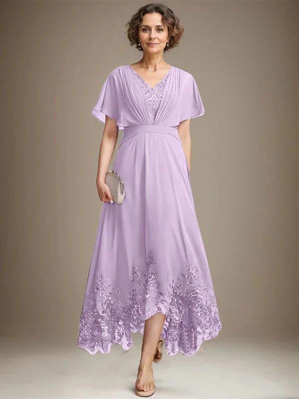 A-line V-Neck Asymmetrical Lace Chiffon Mother of the Bride Dress With Pleated - Image 22