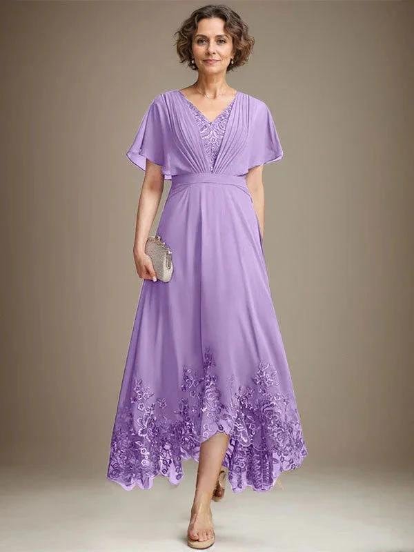 A-line V-Neck Asymmetrical Lace Chiffon Mother of the Bride Dress With Pleated - Image 23