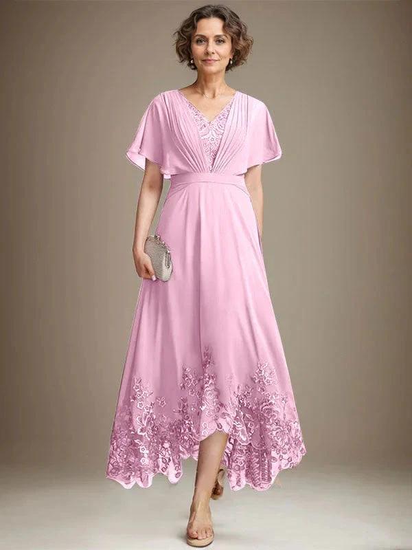 A-line V-Neck Asymmetrical Lace Chiffon Mother of the Bride Dress With Pleated - Image 24