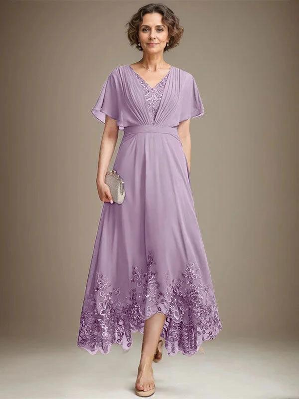 A-line V-Neck Asymmetrical Lace Chiffon Mother of the Bride Dress With Pleated - Image 25