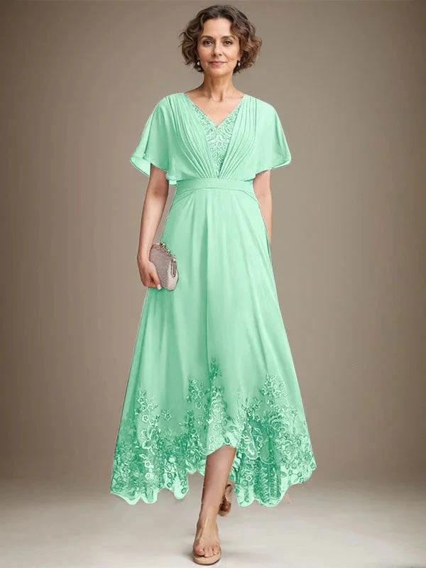 A-line V-Neck Asymmetrical Lace Chiffon Mother of the Bride Dress With Pleated - Image 26