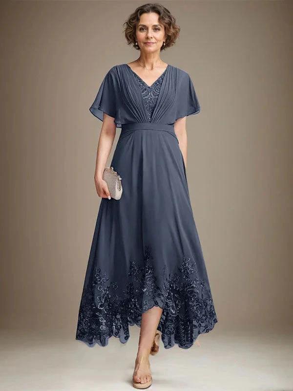 A-line V-Neck Asymmetrical Lace Chiffon Mother of the Bride Dress With Pleated - Image 27