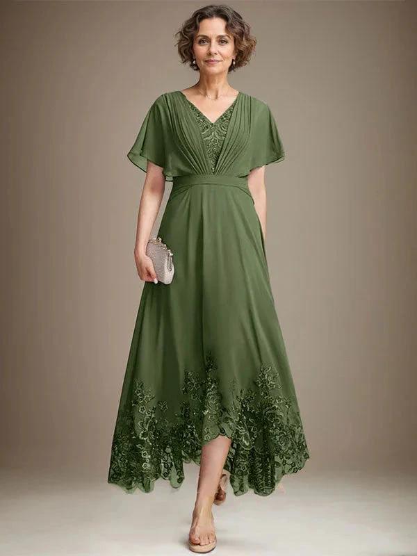 A-line V-Neck Asymmetrical Lace Chiffon Mother of the Bride Dress With Pleated - Image 28