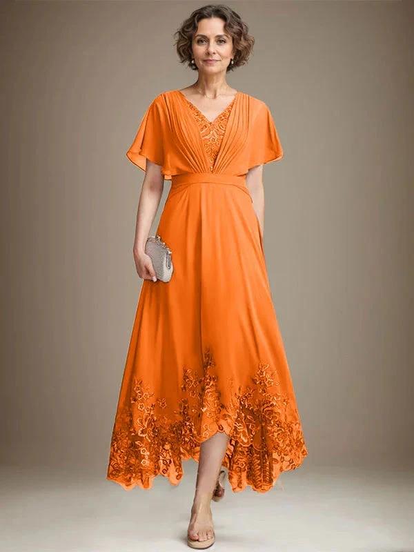 A-line V-Neck Asymmetrical Lace Chiffon Mother of the Bride Dress With Pleated - Image 29