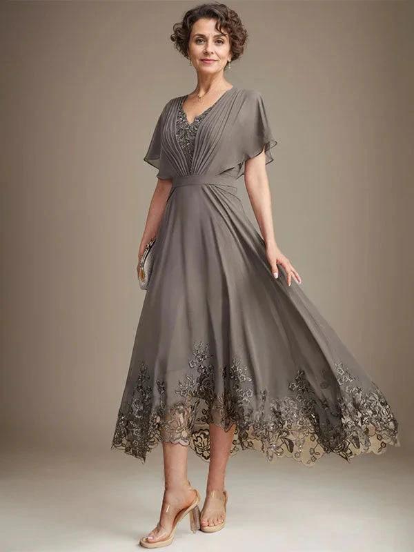 A-line V-Neck Asymmetrical Lace Chiffon Mother of the Bride Dress With Pleated - Image 3