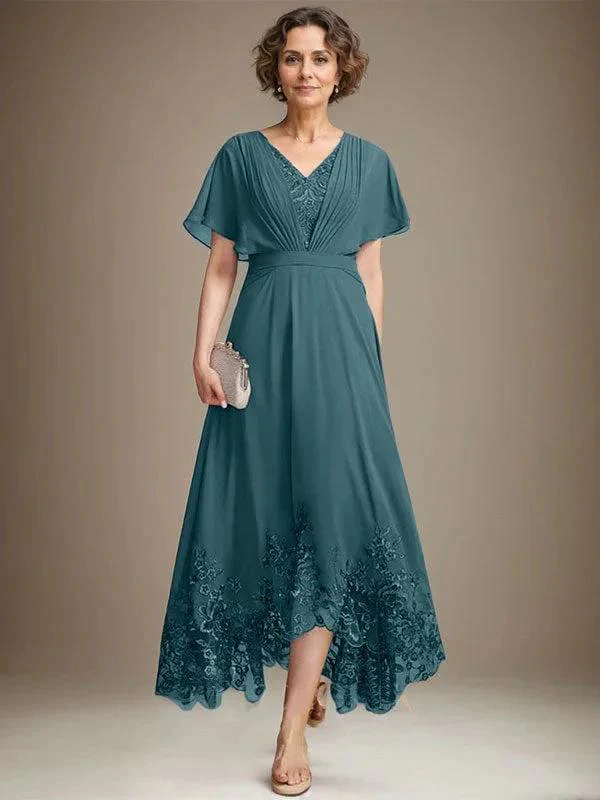 A-line V-Neck Asymmetrical Lace Chiffon Mother of the Bride Dress With Pleated - Image 30