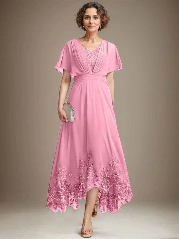 A-line V-Neck Asymmetrical Lace Chiffon Mother of the Bride Dress With Pleated - Image 31