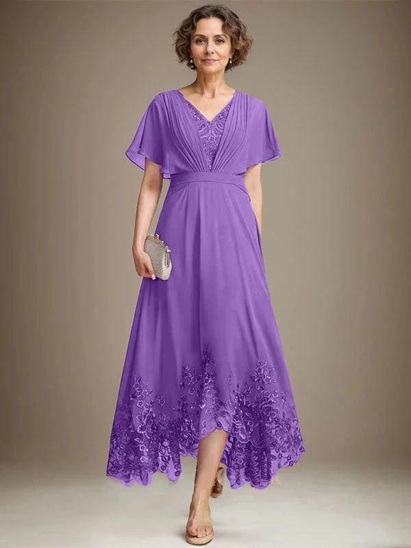 A-line V-Neck Asymmetrical Lace Chiffon Mother of the Bride Dress With Pleated - Image 32