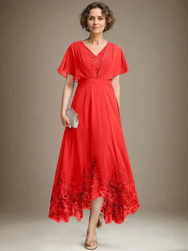 A-line V-Neck Asymmetrical Lace Chiffon Mother of the Bride Dress With Pleated - Image 33