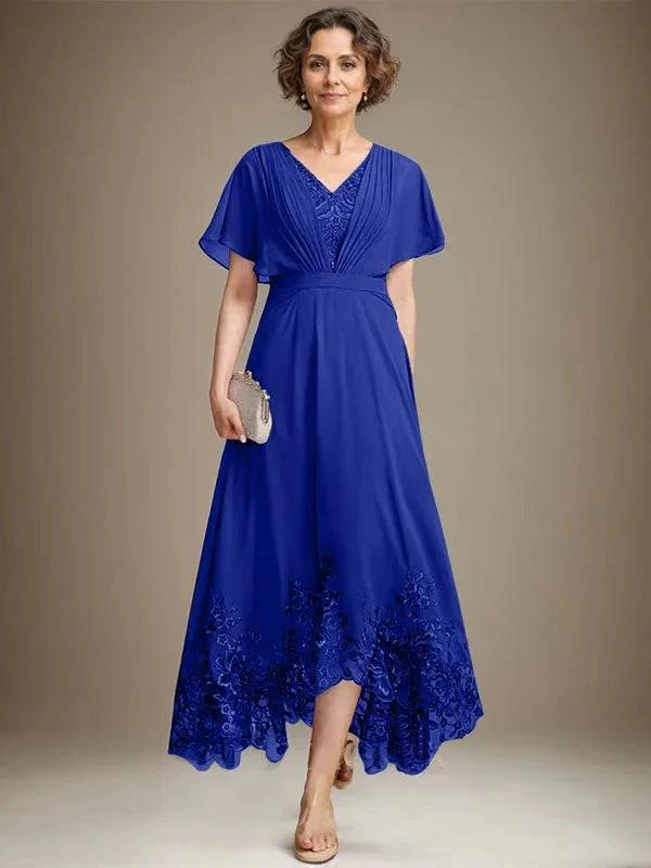 A-line V-Neck Asymmetrical Lace Chiffon Mother of the Bride Dress With Pleated - Image 34