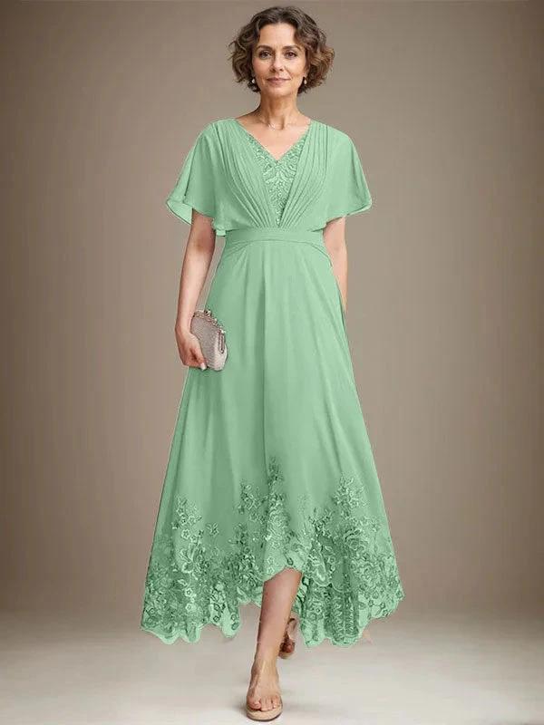 A-line V-Neck Asymmetrical Lace Chiffon Mother of the Bride Dress With Pleated - Image 36
