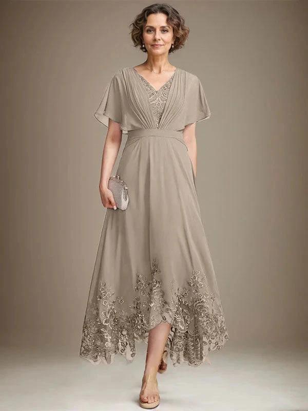 A-line V-Neck Asymmetrical Lace Chiffon Mother of the Bride Dress With Pleated - Image 37