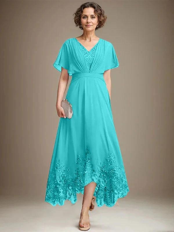 A-line V-Neck Asymmetrical Lace Chiffon Mother of the Bride Dress With Pleated - Image 39