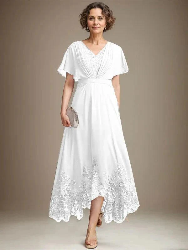A-line V-Neck Asymmetrical Lace Chiffon Mother of the Bride Dress With Pleated - Image 40