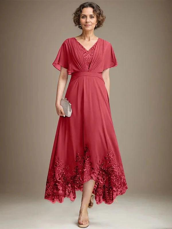 A-line V-Neck Asymmetrical Lace Chiffon Mother of the Bride Dress With Pleated - Image 41