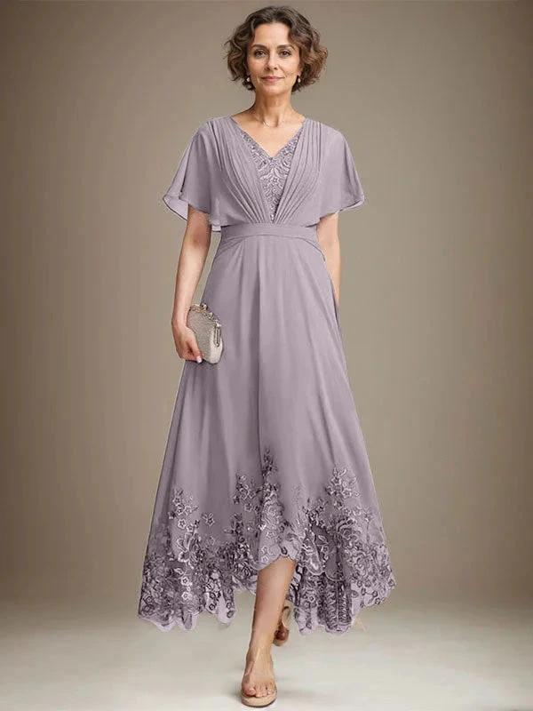 A-line V-Neck Asymmetrical Lace Chiffon Mother of the Bride Dress With Pleated - Image 42