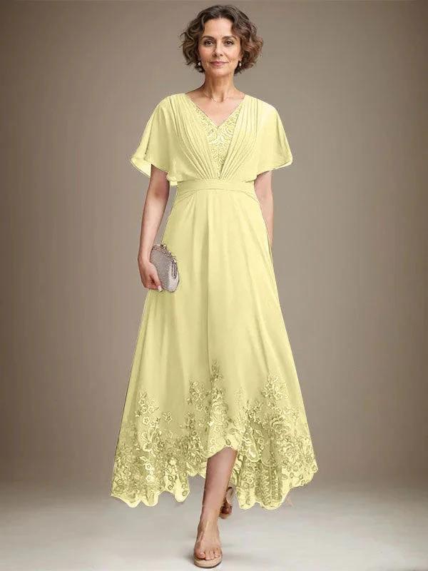 A-line V-Neck Asymmetrical Lace Chiffon Mother of the Bride Dress With Pleated - Image 43