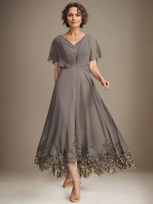 A-line V-Neck Asymmetrical Lace Chiffon Mother of the Bride Dress With Pleated - Image 5