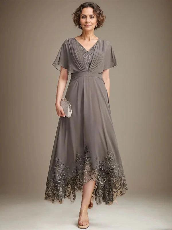 A-line V-Neck Asymmetrical Lace Chiffon Mother of the Bride Dress With Pleated - Image 6
